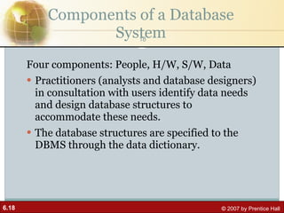 Components of a Database System Four components: People, H/W, S/W, Data Practitioners (analysts and database designers) in consultation with users identify data needs and design database structures to accommodate these needs. The database structures are specified to the DBMS through the data dictionary. 