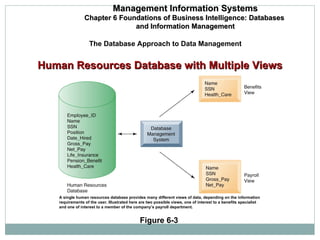 The Database Approach to Data Management Management Information Systems Chapter 6 Foundations of Business Intelligence: Databases  and Information Management Figure 6-3 A single human resources database provides many different views of data, depending on the information requirements of the user. Illustrated here are two possible views, one of interest to a benefits specialist and one of interest to a member of the company’s payroll department. Human Resources Database with Multiple Views 