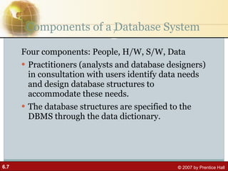 Components of a Database System Four components: People, H/W, S/W, Data Practitioners (analysts and database designers) in consultation with users identify data needs and design database structures to accommodate these needs. The database structures are specified to the DBMS through the data dictionary. 