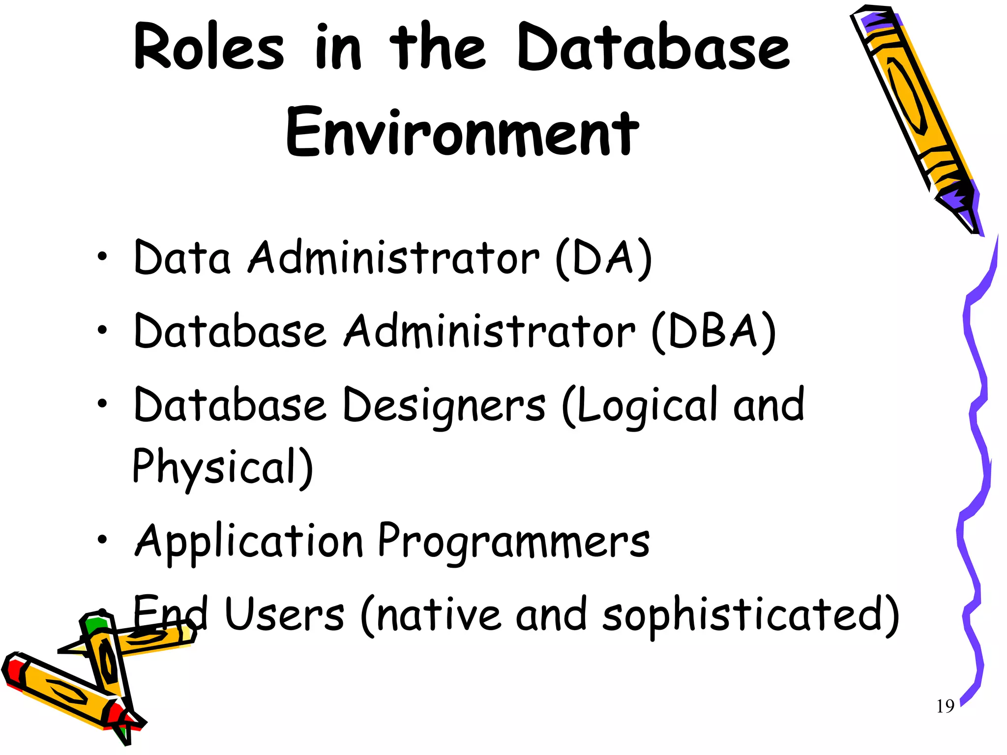 Roles in the Database Environment Data Administrator (DA) Database Administrator (DBA) Database Designers (Logical and Physical) Application Programmers End Users (native and sophisticated) 19 