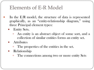 Elements of E-R Model
    In the E/R model, the structure of data is represented
     graphically, as an “entity-relationship diagram,” using
     three Principal element types:
     Entity Sets.
        An entity is an abstract object of some sort, and a
          collection of similar entities forms an entity set.
     Attributes
        The properties of the entities in the set.
     Relationship
        The connections among two or more entity Sets
 