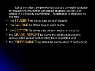 Let us consider a simple example about a university database for maintaining information concerning students, courses, and grades in a university environment. The database is organized as five files: The  STUDENT  file stores data on each student  The  COURSE  file stores data on each course the  SECTION  file stores data on each section of a course   the  GRADE_REPORT  file stores the grades that students receive in the various sections they have completed, and  the  PREREQUISITE  file stores the prerequisites of each course. 