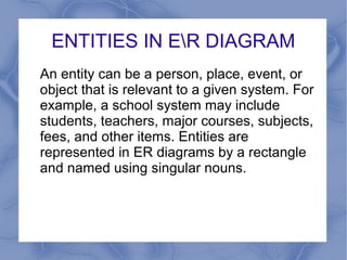 ENTITIES IN ER DIAGRAM
An entity can be a person, place, event, or
object that is relevant to a given system. For
example, a school system may include
students, teachers, major courses, subjects,
fees, and other items. Entities are
represented in ER diagrams by a rectangle
and named using singular nouns.
 