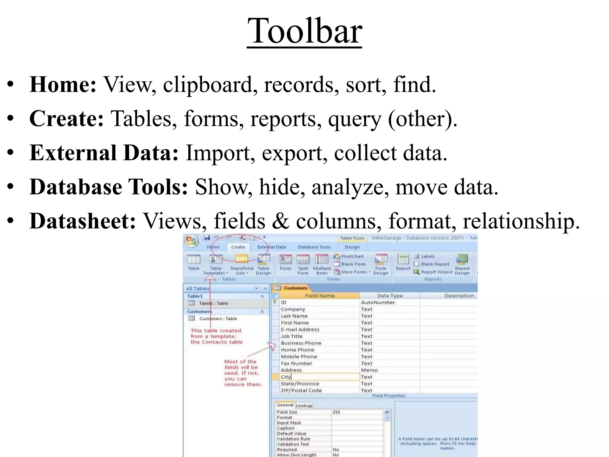 Toolbar
•
•
•
•
•

Home: View, clipboard, records, sort, find.
Create: Tables, forms, reports, query (other).
External Data: Import, export, collect data.
Database Tools: Show, hide, analyze, move data.
Datasheet: Views, fields & columns, format, relationship.

 