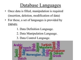 Database Languages
• Once data is filled, manipulation is required
(insertion, deletion, modification of data)
• For these, a set of languages is provided by
DBMS:
1. Data Definition Language.
2. Data Manipulation Language.
3. Data Control Language.

 