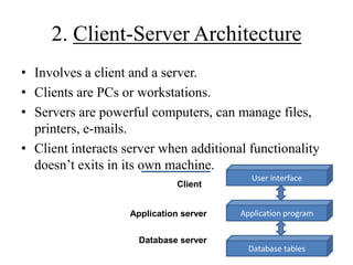 2. Client-Server Architecture
• Involves a client and a server.
• Clients are PCs or workstations.
• Servers are powerful ...