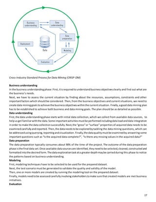 17 
Cross-Industry Standard Process for Data Mining (CRISP-DM) 
Business understanding 
In the business understanding phase: First, it is required to understand business objectives clearly and find out what are 
the business’s needs. 
Next, we have to assess the current situation by finding about the resources, assumptions, constraints and other 
important factors which should be considered. Then, from the business objectives and current situations, we need to 
create data mining goals to achieve the business objectives within the current situation. Finally, a good data mining plan 
has to be established to achieve both business and data mining goals. The plan should be as detailed as possible. 
Data understanding 
First, the data understanding phase starts with initial data collection, which we collect from available data sources, to 
help us get familiar with the data. Some important activities must be performed including data load and data integration 
in order to make the data collection successfully. Next, the “gross” or “surface” properties of acquired data needs to be 
examined carefully and reported. Then, the data needs to be explored by tackling the data mining questions, which can 
be addressed using querying, reporting and visualization. Finally, the data quality must be examined by answering some 
important questions such as “Is the acquired data complete?”, “Is there any missing values in the acquired data?” 
Data preparation 
The data preparation typically consumes about 90% of the time of the project. The outcome of the data preparation 
phase is the final data set. Once available data sources are identified, they need to be selected, cleaned, constructed and 
formatted into the desired form. The data exploration task at a greater depth may be carried during this phase to notice 
the patterns based on business understanding. 
Modeling 
First, modeling techniques have to be selected to be used for the prepared dataset. 
Next, the test scenario must be generated to validate the quality and validity of the model. 
Then, one or more models are created by running the modeling tool on the prepared dataset. 
Finally, models need to be assessed carefully involving stakeholders to make sure that created models are met business 
initiatives. 
Evaluation 
 