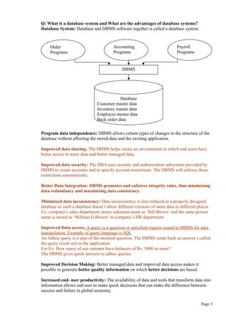 Order
Programs
Accounting
Programs
Payroll
Programs
DBMS
Database
Customer master data
Inventory master data
Employee master data
Back order data
Q: What is a database system and What are the advantages of database systems?
Database System: Database and DBMS software together is called a database system.
Program data independence: DBMS allows certain types of changes to the structure of the
database without affecting the stored data and the existing application.
Improved data sharing: The DBMS helps create an environment in which end users have
better access to more data and better managed data.
Improved data security: The DBA uses security and authorization subsystem provided by
DBMS to create accounts and to specify account restrictions. The DBMS will enforce these
restrictions automatically.
Better Data Integration: DBMS promotes and enforces integrity rules, thus minimizing
data redundancy and maximizing data consistency.
Minimized data inconsistency: Data inconsistency is also reduced in a properly designed
database as such a database doesn’t allow different versions of same data in different places.
Ex: company’s sales department stores salesman name as ‘Bill Brown’ and the same person
name is stored as ‘William G Brown’ in company’s HR department.
Improved Data access: A query is a question or specified request issued to DBMS for data
manipulation. Example of query language is SQL
An Adhoc query is a spur of the moment question. The DBMS sends back an answer ( called
the query result set) to the application
For Ex: How many of our cutomer have balances of Rs. 3000 or more?
The DBMS gives quick answers to adhoc queries.
Improved Decision Making: Better managed data and improved data access makes it
possible to generate better quality information on which better decisions are based.
Increased end- user productivity: The availability of data and tools that transform data into
information allows end user to make quick decisions that can make the difference between
success and failure in global economy.
Page 3
 