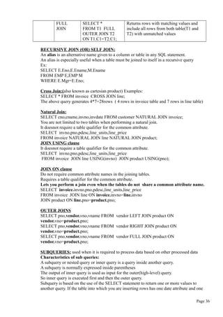 FULL
JOIN
SELECT *
FROM T1 FULL
OUTER JOIN T2
ON T1.C1=T2.C1;
Returns rows with matching values and
include all rows from both table(T1 and
T2) with unmatched values
RECURSIVE JOIN (OR) SELF JOIN:
An alias is an alternative name given to a column or table in any SQL statement.
An alias is especially useful when a table must be joined to itself in a recursive query
Ex:
SELECT E.Eno,E.Ename,M.Ename
FROM EMP E,EMP M
WHERE E.Mgr=E.Eno;
Cross Join:(also known as cartesian product) Examples:
SELECT * FROM invoice CROSS JOIN line;
The above query generates 4*7=28rows ( 4 rows in invoice table and 7 rows in line table)
Natural Join:
SELECT cno,cname,invno,invdate FROM customer NATURAL JOIN invoice;
You are not limited to two tables when performing a natural join.
It doesnot require a table qualifier for the common attribute.
SELECT invno,pno,pdesc,line_units,line_price
FROM invoice NATURAL JOIN line NATURAL JOIN product;
JOIN USING clause
It doesnot require a table qualifier for the common attribute.
SELECT invno,pno,pdesc,line_units,line_price
FROM invoice JOIN line USING(invno) JOIN product USING(pno);
JOIN ON clause
Do not require common attribute names in the joining tables.
Requires a table qualifier for the common attribute.
Lets you perform a join even when the tables do not share a common attribute name.
SELECT invoice.invno,pno,pdesc,line_units,line_price
FROM invoice JOIN line ON invoice.invno=line.invno
JOIN product ON line.pno=product.pno;
OUTER JOINS
SELECT pno,vendor.vno,vname FROM vendor LEFT JOIN product ON
vendor.vno=product.pno;
SELECT pno,vendor.vno,vname FROM vendor RIGHT JOIN product ON
vendor.vno=product.pno;
SELECT pno,vendor.vno,vname FROM vendor FULL JOIN product ON
vendor.vno=product.pno;
SUBQUERIES: used when it is required to process data based on other processed data
Characteristics of sub queries:
A subquery or nested query or inner query is a query inside another query.
A subquery is normally expressed inside parentheses
The output of inner query is used as input for the outer(high-level) query.
So inner query is executed first and then the outer query.
Subquery is based on the use of the SELECT statement to return one or more values to
another query. If the table into which you are inserting rows has one date attribute and one
Page 36
 