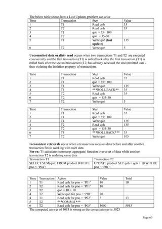 The below table shows how a Lost Updates problem can arise
Time Transaction Step Value
1 T1 Read qoh 35
2 T2 Read qoh 35
3 T1 qoh = 35+ 100
4 T2 qoh = 35-30
5 T1 Write qoh (lost
update)
135
6 T2 Write qoh 5
Uncommited data or dirty read occurs when two transactions T1 and T2 are executed
concurrently and the first transaction (T1) is rolled back after the first transaction (T1) is
rolled back after the second transaction (T2) has already accessed the uncommitted data -
thus violating the isolation property of transactions.
Time Transaction Step Value
1 T1 Read qoh 35
2 T1 qoh = 35+ 100
3 T1 Write qoh 135
4 T1 ***ROLL BACK** 35
5 T2 Read qoh 35
6 T2 qoh = 135-30
7 T2 Write qoh 5
Time Transaction Step Value
1 T1 Read qoh 35
2 T1 qoh = 35+ 100
3 T1 Write qoh 135
4 T2 Read qoh 135
5 T2 qoh = 135-30
6 T1 ***ROLLBACK*** 35
7 T2 Write qoh 105
Inconsistent retrievals occur when a transaction accesses data before and after another
transaction finish working with such data.
For ex: T1 calculates summary( aggregate) function over a set of data while another
transaction T2 is updating same data
Transaction T1 Transaction T2
SELECT SUM(qoh) FROM product WHERE
pno < ‘P04’;
UPDATE product SET qoh = qoh + 10 WHERE
pno = ‘P01’;
Time Transaction Action Value Total
1 T1 Read qoh for pno = ‘P01’ 10 10
2 T2 Read qoh for pno = ‘P01’ 10
3 T2 qoh = 10 + 10
4 T2 Write qoh for pno = ‘P01’ 20
4 T1 Read qoh for pno = ‘P02’ 3 13
5 T2 ***COMMIT***
6 T2 Read qoh for pno = ‘P03’ 5000 5013
The computed answer of 5013 is wrong as the correct answer is 5023
Page 60
 