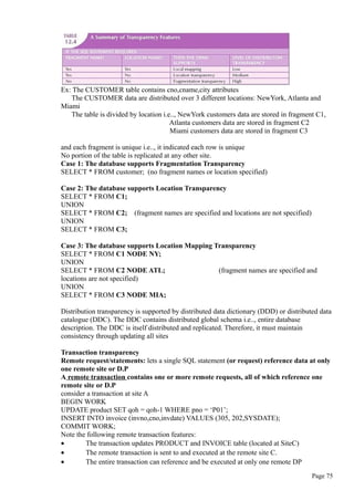 Ex: The CUSTOMER table contains cno,cname,city attributes
The CUSTOMER data are distributed over 3 different locations: NewYork, Atlanta and
Miami
The table is divided by location i.e.., NewYork customers data are stored in fragment C1,
Atlanta customers data are stored in fragment C2
Miami customers data are stored in fragment C3
and each fragment is unique i.e.., it indicated each row is unique
No portion of the table is replicated at any other site.
Case 1: The database supports Fragmentation Transparency
SELECT * FROM customer; (no fragment names or location specified)
Case 2: The database supports Location Transparency
SELECT * FROM C1;
UNION
SELECT * FROM C2; (fragment names are specified and locations are not specified)
UNION
SELECT * FROM C3;
Case 3: The database supports Location Mapping Transparency
SELECT * FROM C1 NODE NY;
UNION
SELECT * FROM C2 NODE ATL; (fragment names are specified and
locations are not specified)
UNION
SELECT * FROM C3 NODE MIA;
Distribution transparency is supported by distributed data dictionary (DDD) or distributed data
catalogue (DDC). The DDC contains distributed global schema i.e.., entire database
description. The DDC is itself distributed and replicated. Therefore, it must maintain
consistency through updating all sites
Transaction transparency
Remote request/statements: lets a single SQL statement (or request) reference data at only
one remote site or D.P
A remote transaction contains one or more remote requests, all of which reference one
remote site or D.P
consider a transaction at site A
BEGIN WORK
UPDATE product SET qoh = qoh-1 WHERE pno = ‘P01’;
INSERT INTO invoice (invno,cno,invdate) VALUES (305, 202,SYSDATE);
COMMIT WORK;
Note the following remote transaction features:
• The transaction updates PRODUCT and INVOICE table (located at SiteC)
• The remote transaction is sent to and executed at the remote site C.
• The entire transaction can reference and be executed at only one remote DP
Page 75
 