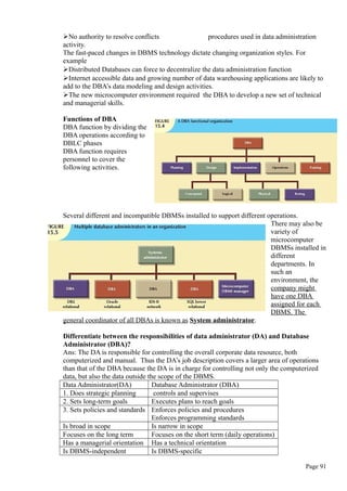 No authority to resolve conflicts procedures used in data administration
activity.
The fast-paced changes in DBMS technology dictate changing organization styles. For
example
Distributed Databases can force to decentralize the data administration function
Internet accessible data and growing number of data warehousing applications are likely to
add to the DBA’s data modeling and design activities.
The new microcomputer environment required the DBA to develop a new set of technical
and managerial skills.
Functions of DBA
DBA function by dividing the
DBA operations according to
DBLC phases
DBA function requires
personnel to cover the
following activities.
Several different and incompatible DBMSs installed to support different operations.
There may also be
variety of
microcomputer
DBMSs installed in
different
departments. In
such an
environment, the
company might
have one DBA
assigned for each
DBMS. The
general coordinator of all DBAs is known as System administrator.
Differentiate between the responsibilities of data administrator (DA) and Database
Administrator (DBA)?
Ans: The DA is responsible for controlling the overall corporate data resource, both
computerized and manual. Thus the DA’s job description covers a larger area of operations
than that of the DBA because the DA is in charge for controlling not only the computerized
data, but also the data outside the scope of the DBMS.
Data Administrator(DA) Database Administrator (DBA)
1. Does strategic planning controls and supervises
2. Sets long-term goals Executes plans to reach goals
3. Sets policies and standards Enforces policies and procedures
Enforces programming standards
Is broad in scope Is narrow in scope
Focuses on the long term Focuses on the short term (daily operations)
Has a managerial orientation Has a technical orientation
Is DBMS-independent Is DBMS-specific
Page 91
 