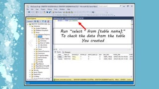 Run “select * from [table name];”
To check the data from the table
You created
 