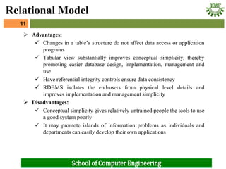  Advantages:
 Changes in a table’s structure do not affect data access or application
programs
 Tabular view substantially improves conceptual simplicity, thereby
promoting easier database design, implementation, management and
use
 Have referential integrity controls ensure data consistency
 RDBMS isolates the end-users from physical level details and
improves implementation and management simplicity
 Disadvantages:
 Conceptual simplicity gives relatively untrained people the tools to use
a good system poorly
 It may promote islands of information problems as individuals and
departments can easily develop their own applications
11
Relational Model
 
