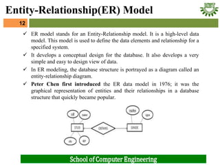  ER model stands for an Entity-Relationship model. It is a high-level data
model. This model is used to define the data elements and relationship for a
specified system.
 It develops a conceptual design for the database. It also develops a very
simple and easy to design view of data.
 In ER modeling, the database structure is portrayed as a diagram called an
entity-relationship diagram.
 Peter Chen first introduced the ER data model in 1976; it was the
graphical representation of entities and their relationships in a database
structure that quickly became popular.
12
Entity-Relationship(ER) Model
 