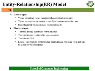  Advantages:
 Visual modeling yields exceptional conceptual simplicity
 Visual representation makes it an effective communication tool
 It is integrated with dominant relational model
 Disadvantages:
 There is limited constraint representation
 There is limited relationship representation
 There is no DML
 Loss of information content when attributes are removed from entities
to avoid crowded displays
13
Entity-Relationship(ER) Model
 