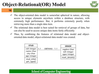  The object-oriented data model is somewhat spherical in nature, allowing
access to unique elements anywhere within a database structure, with
extremely high performance. But, it performs extremely poorly when
retrieving more than a single data item.
 The relational data model is best suited for retrieval of groups of data, but
can also be used to access unique data items fairly efficiently
 Thus, by combining the features of relational data model and object-
oriented data model, object-relational data model was created.
16
Object-Relational(OR) Model
 