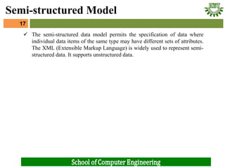  The semi-structured data model permits the specification of data where
individual data items of the same type may have different sets of attributes.
The XML (Extensible Markup Language) is widely used to represent semi-
structured data. It supports unstructured data.
17
Semi-structured Model
 