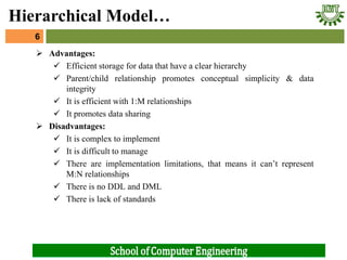  Advantages:
 Efficient storage for data that have a clear hierarchy
 Parent/child relationship promotes conceptual simplicity & data
integrity
 It is efficient with 1:M relationships
 It promotes data sharing
 Disadvantages:
 It is complex to implement
 It is difficult to manage
 There are implementation limitations, that means it can’t represent
M:N relationships
 There is no DDL and DML
 There is lack of standards
6
Hierarchical Model…
 
