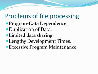Problems of file processing
Program-Data Dependence.
Duplication of Data.
Limited data sharing.
Lengthy Development Times.
Excessive Program Maintenance.
 