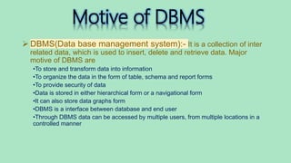 Motive of DBMS
 DBMS(Data base management system):- It is a collection of inter
related data, which is used to insert, delete and retrieve data. Major
motive of DBMS are
•To store and transform data into information
•To organize the data in the form of table, schema and report forms
•To provide security of data
•Data is stored in either hierarchical form or a navigational form
•It can also store data graphs form
•DBMS is a interface between database and end user
•Through DBMS data can be accessed by multiple users, from multiple locations in a
controlled manner
 