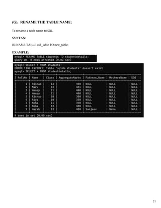 (G). RENAME THE TABLE NAME:
To rename a table name to SQL.
SYNTAX:
RENAME TABLE old_table TO new_table;
EXAMPLE:
21
 