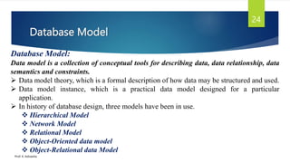 Database Model
Prof. K. Adisesha
24
Database Model:
Data model is a collection of conceptual tools for describing data, data relationship, data
semantics and constraints.
 Data model theory, which is a formal description of how data may be structured and used.
 Data model instance, which is a practical data model designed for a particular
application.
 In history of database design, three models have been in use.
 Hierarchical Model
 Network Model
 Relational Model
 Object-Oriented data model
 Object-Relational data Model
 