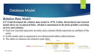 Database Model
Prof. K. Adisesha
30
Relation Data Model:
E.F Codd developed the relation data model in 1970. Unlike, hierarchical and network
model, there are no physical links. All data is maintained in the form of tables consisting
of rows and columns.
 Each row (record) represents an entity and a column (field) represents an attribute of the
entity.
 In this model, data is organized in two-dimensional tables called relations.
 The tables or relations are related to each other.
 