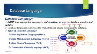 Database Language
Prof. K. Adisesha
42
Database Language:
A DBMS has appropriate languages and interfaces to express database queries and
updates.
 Database languages can be used to read, store and update the data in the database.
 Types of Database Language
 Data Definition Language (DDL)
 Data Manipulation Language (DML)
 Data Control Language (DCL)
 Transaction Control Language (TCL)
 