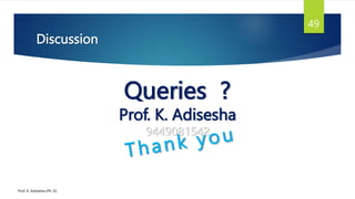 Discussion
Prof. K. Adisesha (Ph. D)
49
Queries ?
Prof. K. Adisesha
9449081542
 