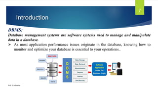 Introduction
Prof. K. Adisesha
7
DBMS:
Database management systems are software systems used to manage and manipulate
data in a database.
 As most application performance issues originate in the database, knowing how to
monitor and optimize your database is essential to your operations..
 