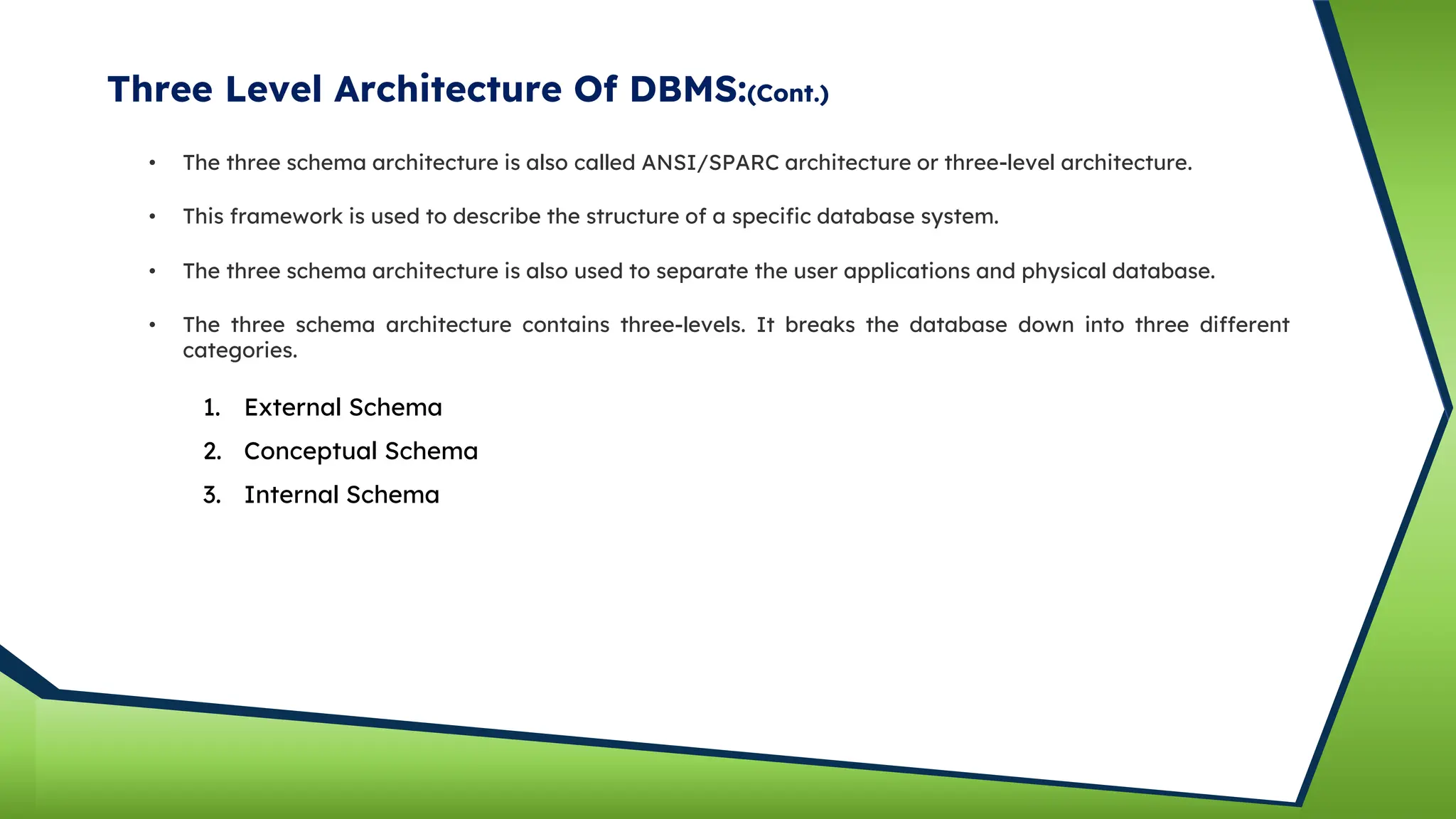 Three Level Architecture Of DBMS:(Cont.)
• The three schema architecture is also called ANSI/SPARC architecture or three-level architecture.
• This framework is used to describe the structure of a specific database system.
• The three schema architecture is also used to separate the user applications and physical database.
• The three schema architecture contains three-levels. It breaks the database down into three different
categories.
1. External Schema
2. Conceptual Schema
3. Internal Schema
 