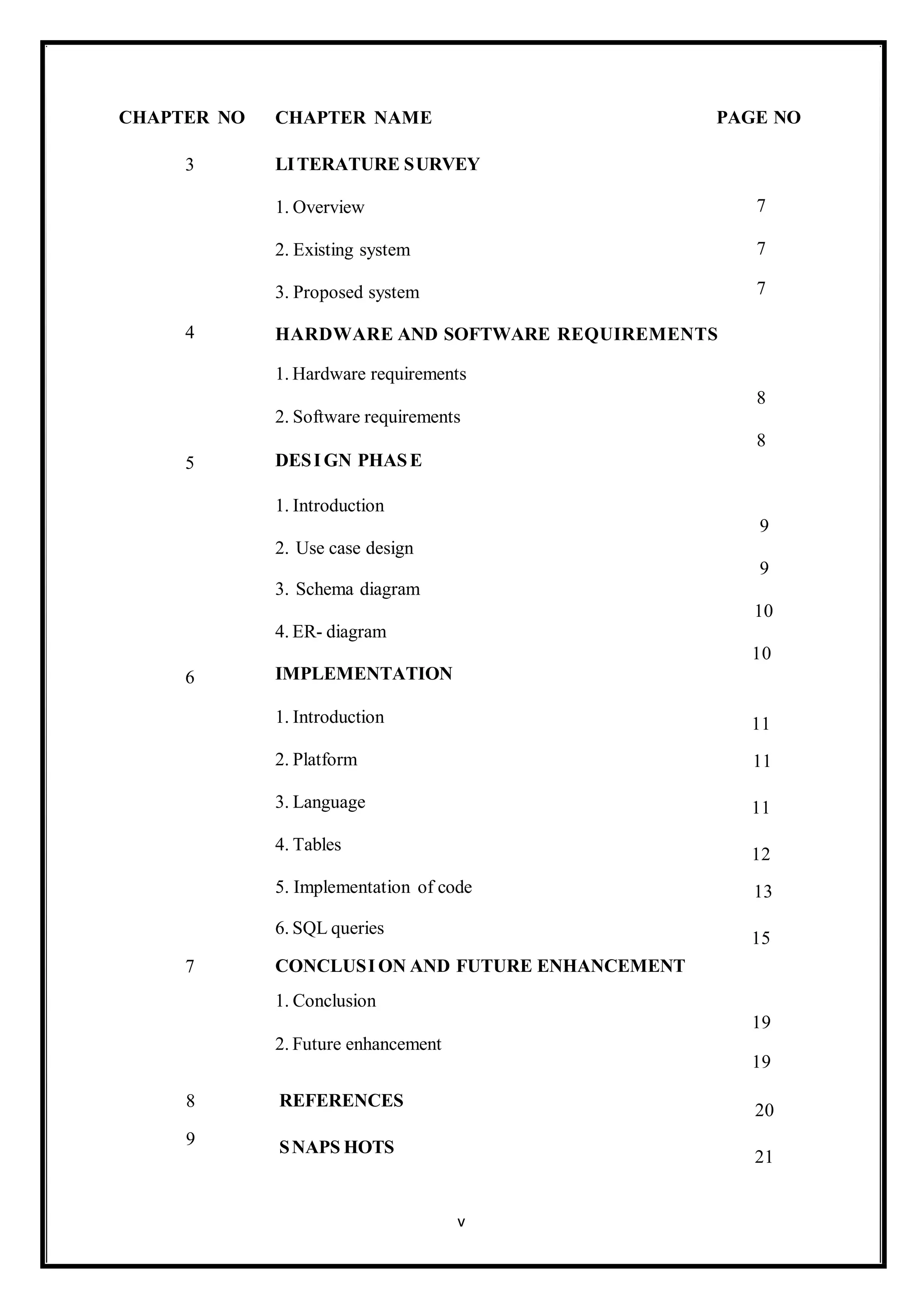 3
4
5
6
7
CHAPTER NO CHAPTER NAME
LITERATURE SURVEY
1. Overview
2. Existing system
3. Proposed system
HARDWARE AND SOFTWARE REQUIREMENTS
1. Hardware requirements
2. Software requirements
DESI GN PHASE
1. Introduction
2. Use case design
3. Schema diagram
4. ER- diagram
IMPLEMENTATION
1. Introduction
2. Platform
3. Language
4. Tables
5. Implementation of code
6. SQL queries
CONCLUSI ON AND FUTURE ENHANCEMENT
1. Conclusion
2. Future enhancement
7
7
7
8
8
11
11
11
12
13
15
9
9
10
10
19
19
PAGE NO
REFERENCES
20
8
9 SNAPS HOTS
21
v
 