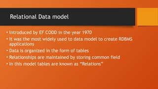 Relational Data model
• Introduced by EF CODD in the year 1970
• It was the most widely used to data model to create RDBMS
applications
• Data is organized in the form of tables
• Relationships are maintained by storing common field
• In this model tables are known as “Relations”
 