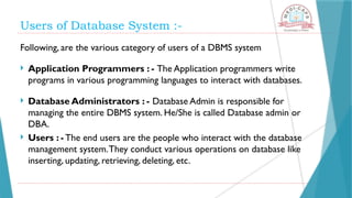 Users of Database System :-
Following, are the various category of users of a DBMS system
 Application Programmers : - The Application programmers write
programs in various programming languages to interact with databases.
 Database Administrators : - Database Admin is responsible for
managing the entire DBMS system. He/She is called Database admin or
DBA.
 Users : - The end users are the people who interact with the database
management system.They conduct various operations on database like
inserting, updating, retrieving, deleting, etc.
 