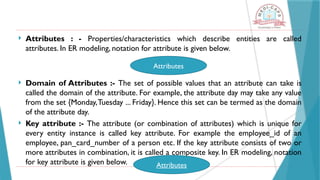  Attributes : - Properties/characteristics which describe entities are called
attributes. In ER modeling, notation for attribute is given below.
 Domain of Attributes :- The set of possible values that an attribute can take is
called the domain of the attribute. For example, the attribute day may take any value
from the set {Monday,Tuesday ... Friday}. Hence this set can be termed as the domain
of the attribute day.
 Key attribute :- The attribute (or combination of attributes) which is unique for
every entity instance is called key attribute. For example the employee_id of an
employee, pan_card_number of a person etc. If the key attribute consists of two or
more attributes in combination, it is called a composite key. In ER modeling, notation
for key attribute is given below.
Attributes
Attributes
 