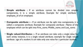  Simple attribute : If an attribute cannot be divided into simpler
components, it is a simple attribute. Example for simple attribute :
employee_id of an employee.
 Composite attribute : - If an attribute can be split into components, it is
called a composite attribute. Example for composite attribute : Name of the
employee which can be split into First_name, Middle_name, and Last_name.
 Single valued Attributes : - If an attribute can take only a single value for
each entity instance, it is a single valued attribute. example for single valued
attribute : age of a student. It can take only one value for a particular student.
 
