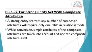 Rule-02: For Strong Entity Set With Composite
Attributes-
 A strong entity set with any number of composite
attributes will require only one table in relational model.
 While conversion, simple attributes of the composite
attributes are taken into account and not the composite
attribute itself.
 