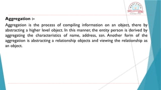 Aggregation :-
Aggregation is the process of compiling information on an object, there by
abstracting a higher level object. In this manner, the entity person is derived by
aggregating the characteristics of name, address, ssn. Another form of the
aggregation is abstracting a relationship objects and viewing the relationship as
an object.
 