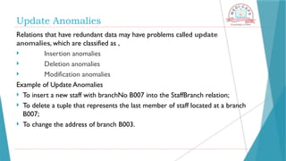 Update Anomalies
Relations that have redundant data may have problems called update
anomalies, which are classified as ,
 Insertion anomalies
 Deletion anomalies
 Modification anomalies
Example of Update Anomalies
 To insert a new staff with branchNo B007 into the StaffBranch relation;
 To delete a tuple that represents the last member of staff located at a branch
B007;
 To change the address of branch B003.
 