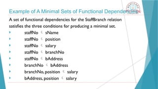 Example of A Minimal Sets of Functional Dependencies
A set of functional dependencies for the StaffBranch relation
satisfies the three conditions for producing a minimal set.
 staffNo  sName
 staffNo  position
 staffNo  salary
 staffNo  branchNo
 staffNo  bAddress
 branchNo  bAddress
 branchNo, position  salary
 bAddress, position  salary
 
