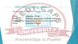 3NF ClientRental relation
The resulting 3NF relations have the forms:
Client (clientNo, cName)
Rental (clientNo, propertyNo, rentStart, rentFinish)
PropertyOwner (propertyNo, pAddress, rent, ownerNo)
Owner (ownerNo, oName)
 