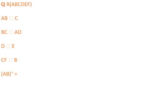 Q R(ABCDEF)
AB 🡪 C
BC 🡪 AD
D 🡪 E
CF 🡪 B
(AB)+
=
 