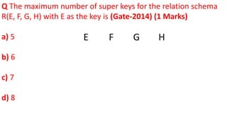 Q The maximum number of super keys for the relation schema
R(E, F, G, H) with E as the key is (Gate-2014) (1 Marks)
a) 5
b) 6
c) 7
d) 8
E F G H
 