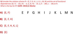 Q Consider the relation scheme R = {E, F, G, H, I, J, K, L, M, N} and the set of functional
dependencies {{E, F} 🡪 {G}, {F} 🡪 {I, J}, {E, H} 🡪 {K, L}, K 🡪 {M}, L 🡪 {N} on R.
What is the key for R? (GATE- 2014) (1 Marks)
A) {E, F}
B) {E, F, H}
C) {E, F, H, K, L}
D) {E}
E F G H I J K L M N
 