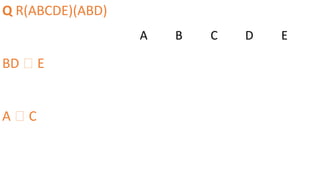 Q R(ABCDE)(ABD)
BD 🡪 E
A 🡪 C
A B C D E
 