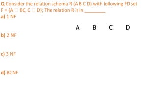 Q Consider the relation schema R (A B C D) with following FD set
F = {A 🡪 BC, C 🡪 D}; The relation R is in ________
a) 1 NF
b) 2 NF
c) 3 NF
d) BCNF
A B C D
 