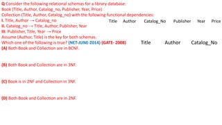 Q Consider the following relational schemas for a library database:
Book (Title, Author, Catalog_no, Publisher, Year, Price)
Collection (Title, Author, Catalog_no) with the following functional dependencies:
I. Title, Author → Catalog_no
II. Catalog_no → Title, Author, Publisher, Year
III. Publisher, Title, Year → Price
Assume (Author, Title) is the key for both schemas.
Which one of the following is true? (NET-JUNE-2014) (GATE- 2008)
(A) Both Book and Collection are in BCNF.
(B) Both Book and Collection are in 3NF.
(C) Book is in 2NF and Collection in 3NF.
(D) Both Book and Collection are in 2NF.
Title Author Catalog_No
Title Author Catalog_No Publisher Year Price
 