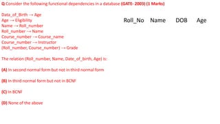 Q Consider the following functional dependencies in a database (GATE- 2003) (1 Marks)
Data_of_Birth → Age
Age → Eligibility
Name → Roll_number
Roll_number → Name
Course_number → Course_name
Course_number → Instructor
(Roll_number, Course_number) → Grade
The relation (Roll_number, Name, Date_of_birth, Age) is:
(A) In second normal form but not in third normal form
(B) In third normal form but not in BCNF
(C) In BCNF
(D) None of the above
Roll_No Name DOB Age
 