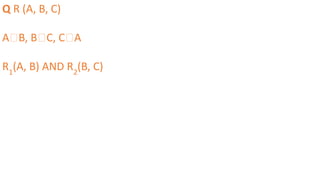 Q R (A, B, C)
A🡪B, B🡪C, C🡪A
R1
(A, B) AND R2
(B, C)
 
